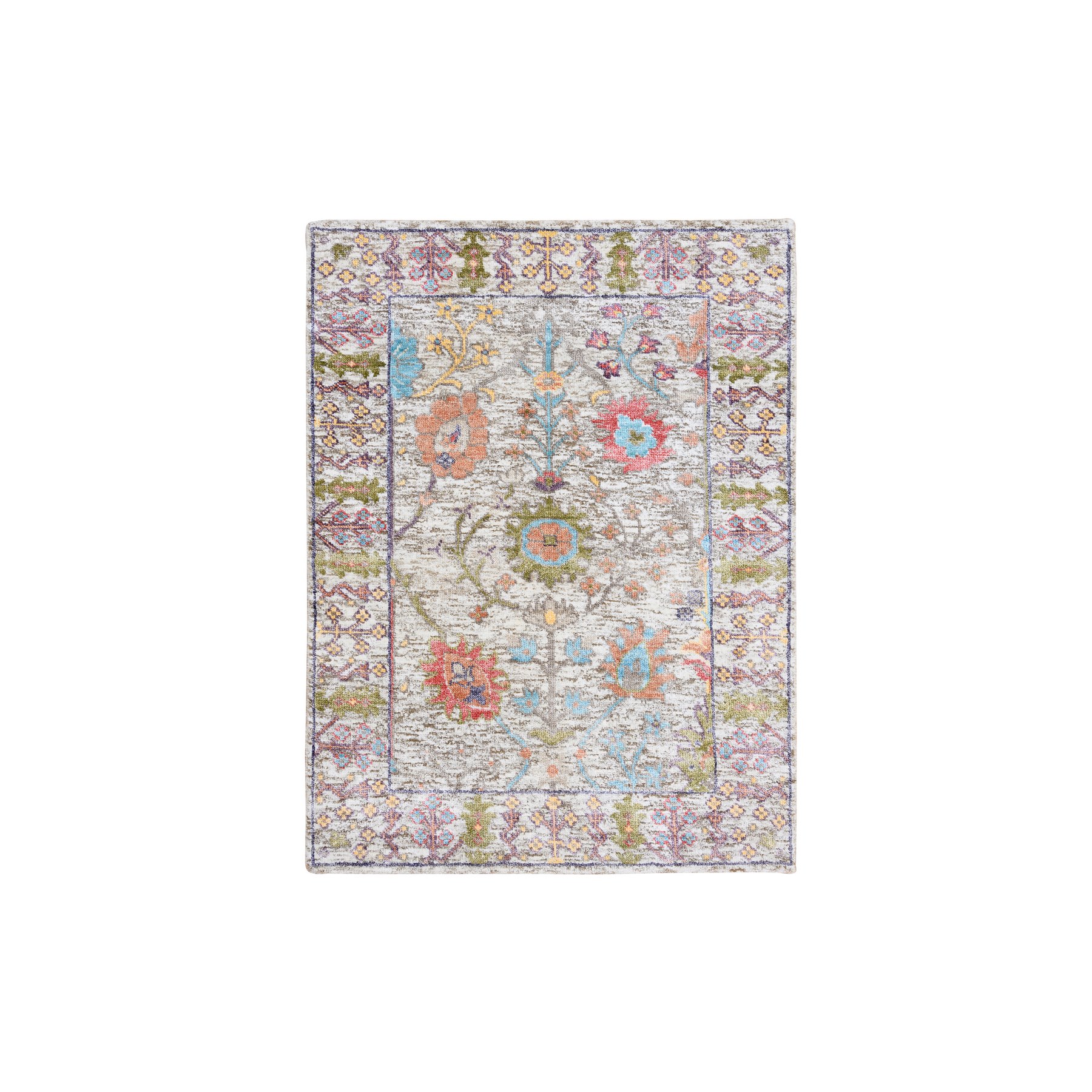 2'3"x3'2" Beige, Directional Vase Design, Silk With Textured Wool, Hand Knotted, Oriental, Mat Rug 